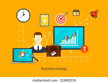 Flat design vector illustration infographic concept with icons set of modern business working elements, business planning, finance paperwork objects.