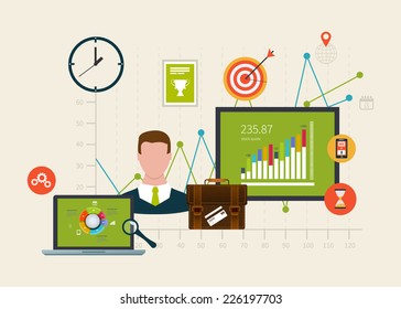 Flat design vector illustration infographic concept with icons set of modern business working elements, business planning, finance paperwork objects.