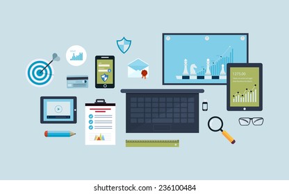 Flat design vector illustration infographic concept with icons set of modern business working elements, consulting, teamwork, electronic devices and planning.