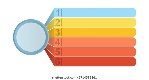 Ilustración vectorial de diseño plano de una Plantilla de infografía que presenta un círculo central conectado a seis pasos u opciones numerados, para presentaciones e informes, proporcionado como un archivo EPS y aislado