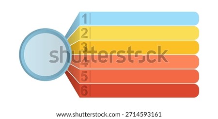 Flat design vector illustration of an infographic template featuring a central circle connected to six numbered steps or options, for presentations and reports, provided as an EPS file and isolated