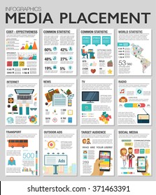Flat design vector illustration infographics concept process icons set of modern webdesign, media placement, smm. New trend social media and online promotion search engine optimization.