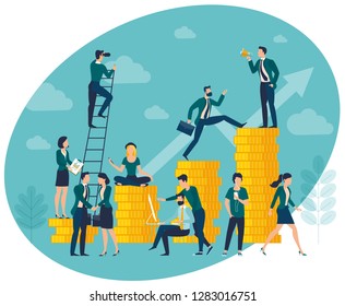 Flat design vector illustration of investment profit growing chart with people doing business and lookin for perspectives. Golden coin stack chart