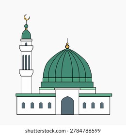 A flat design vector illustration of an Islamic mosque building featuring a large, ribbed green central dome, a single tall minaret on the left topped with a crescent moon, a traditional arched doorway, and a clean minimalist style, isolated on a white background.