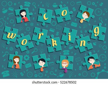 Flat design vector illustration of jigsaw puzzle with portrait of office workers. Business idea concept