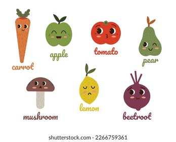 Flat design vector illustration with kawaii eyes, fruit and vegetables	
