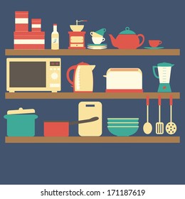 Flat design vector illustration Kitchen utensils on shelves