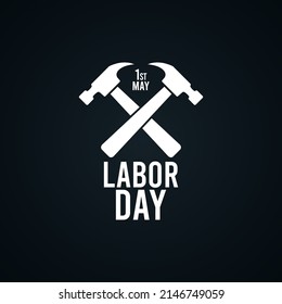 Flat design vector illustration of labor day 1 may. White crossed hammer icon. 