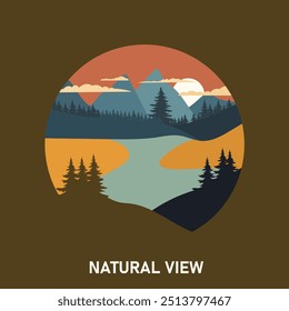 Ilustración vectorial de diseño plano de paisaje con montañas, pinos y lago
