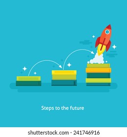 Flat design vector illustration of launching rocket, concept for significance of education, power of knowledge, steps to successful career, personal development isolated on bright background 