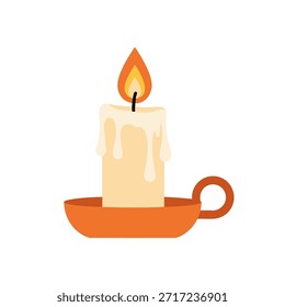 A flat design vector illustration of a lit candle in a handled holder