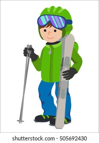 Flat design vector illustration of little boy from the mountain by ski equipped. Smiling happy skier with. Including helmet, glasses, gloves, hat, boots, poles.