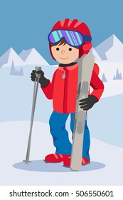 Flat design vector illustration of little boy from the mountain by ski equipped. Smiling happy skier helmet, glasses, gloves, hat, boots, poles.