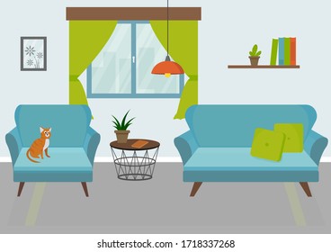 Flat design vector illustration of living room interior with sofa and chair.