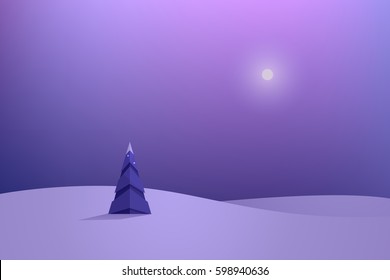 Flat design. Vector illustration - lonely christmas tree in winter night 