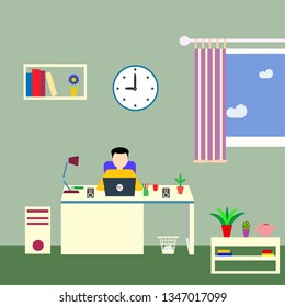 Flat design vector illustration. Man working on computer.
