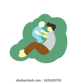 flat design vector illustration of a man or daddy holding and playing with a baby suit for baby or family product, events, etc.