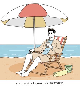 Flat design vector illustration of a man sitting on a beach chair under a large umbrella, drinking a cold beverage on a sunny shore.