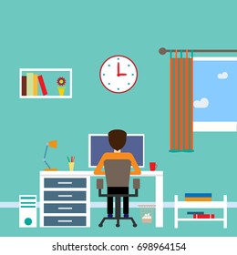 Flat design vector illustration. Man working on computer.

