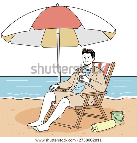 Flat design vector illustration of a man sitting on a beach chair under a large umbrella, drinking a cold beverage on a sunny shore.