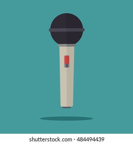 Flat design vector illustration of media tv music karaoke microphone with red button.
