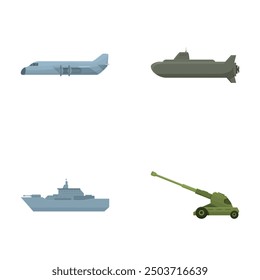 Flaches design, Vektorgrafik von Symbolen für Militärfahrzeuge, einschließlich Kriegsmaschinen wie Flugzeuge, U-Boote, Schlachtschiffe und Artillerie