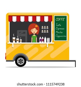 Flat design vector illustration of Mobile car with coffee. coffee to go. isolated on white. take away