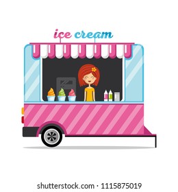 Flat design vector illustration of Mobile car with ice cream. isolated on white. take away