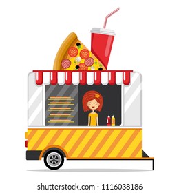 Flat design vector illustration of Mobile car with pizza and cola. pizza to go. isolated on white. take away