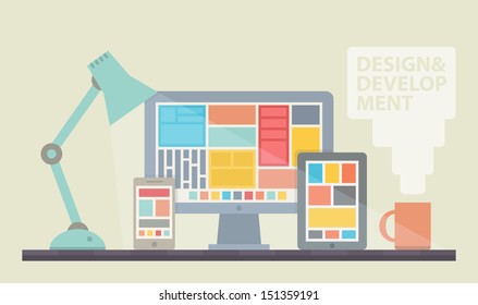 Flat design vector illustration of mobile and desktop website design development process with minimalistic modern digital tablet, desktop computer and smartphone on designer workplace in trendy color.