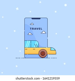 Flat design vector illustration of a mobile phone with car illustration, traveling concept.