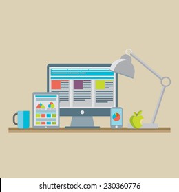 Flat design vector illustration of mobile and desktop website design development process with minimalistic modern digital tablet, desktop computer and smartphone on designer workplace in trendy color.