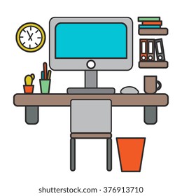 Flat design vector illustration of mobile and desktop website design development process with minimalistic modern digital tablet, desktop computer  on designer workplace in trendy color.