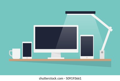 Flat design vector illustration of mobile and desktop website design development process with minimalistic modern digital tablet, desktop computer and smartphone on designer workplace