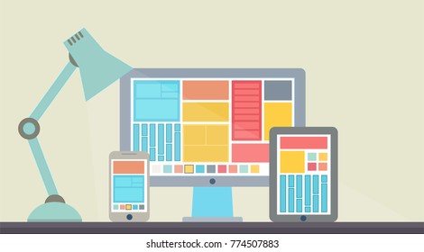 Flat design vector illustration of mobile and desktop website design development process with minimalistic modern digital tablet, desktop computer and smartphone on a designer workplace in stylish col