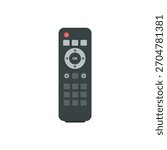 Flat design vector illustration of a modern black remote control with a power button and navigation pad, symbolizing media, home entertainment, technology, control, and electronic devices.