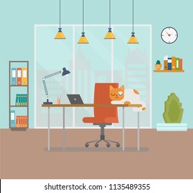 Flat design vector illustration of modern creative office workspace with laptop and cat. The office of a creative worker. Flat minimalistic style and color. Education process. Vector illustration