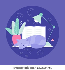 Flat design vector illustration of modern workplace.  On the table, a sleeping cat, a book, a lamp, a potted plant.