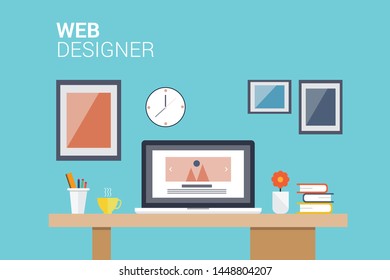 Flat design vector illustration of modern office interior with designer desktop showing design application