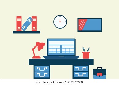 Flat design vector illustration of modern office interior with designer desktop showing design application