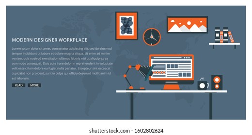 Flat design vector illustration of modern home office interior with designer desktop