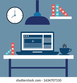 Flat design vector illustration of modern home office interior with designer desktop