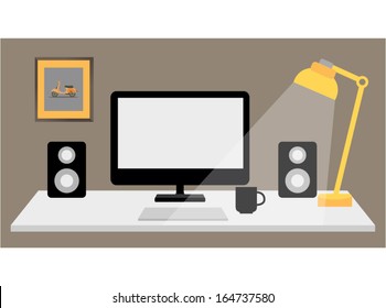 Flat design vector illustration of modern workspace, Computer desk