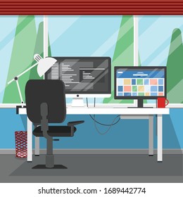 Flat design vector illustration of modern home office interior with designer desktop