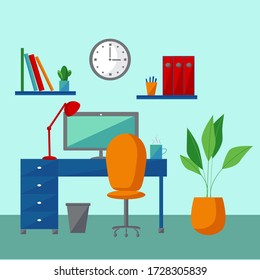 Ilustración vectorial de diseño plano del interior de la oficina doméstica moderna con escritorio de diseño. Trabajando desde el concepto de casa. Lugar de trabajo sobre fondo azul. Espacio de trabajo de un emprendedor creativo. 