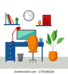 Flat design vector illustration of modern home office interior with designer desktop. Working from home concept. Workplace on white background. Workspace of a creative entrepreneur. 