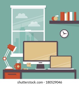 Flat design vector illustration of modern office interior with designer desktop