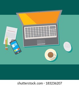 Flat design vector illustration of modern office interior with in minimalistic flat style and color.
