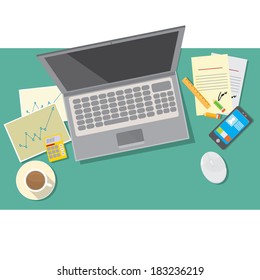 Flat design vector illustration of modern office interior with in minimalistic flat style and color.