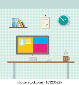 Flat design vector illustration of modern office interior with in minimalistic flat style and color.
